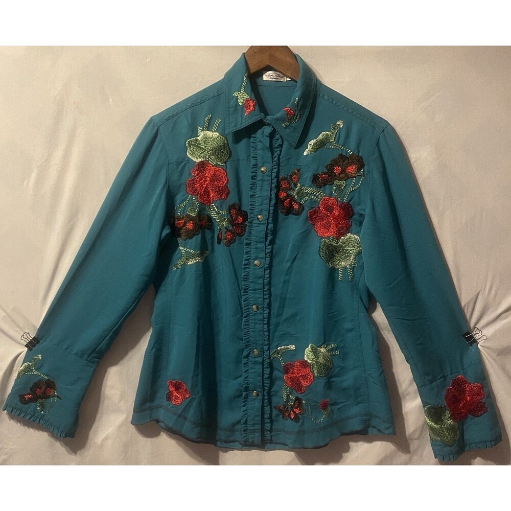 TASHA POLIZZI Embroidered Flowers Snap Close Ruffle Trim Western Top/Blouse S